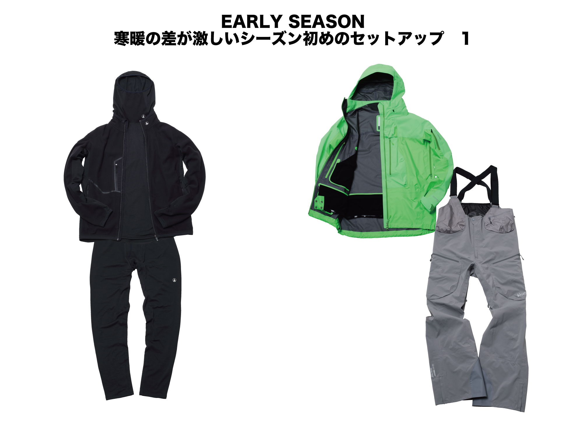 （上半身）(INNER)BASE LAYER HI NECK FLEECE:¥18,000+MICRO FLEECE JACKET:¥34,000 (OUTER)GUIDE JACKET:¥89,000 （下半身）(INNER)BASE LAYER PANT FLEECE:¥16,000 (OUTER)HI-TOP PANT:¥79,000