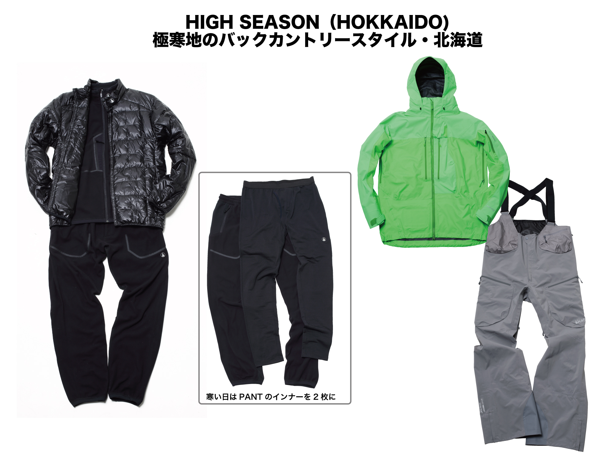 （上）(INNER)BASE LAYER HI NECK FLEECE:¥18,000+MICRO FLEECE JACKET:¥34,000+PACKABLE DOWN JACKETT:¥46,000 (OUTER)GUIDE JACKET:¥89,000 （下）(INNER)MICRO FLEECE PANT:¥34,000 ++BASE LAYER PANT FLEECE:¥16,000 (OUTER)HI-TOP PANT:¥79,000