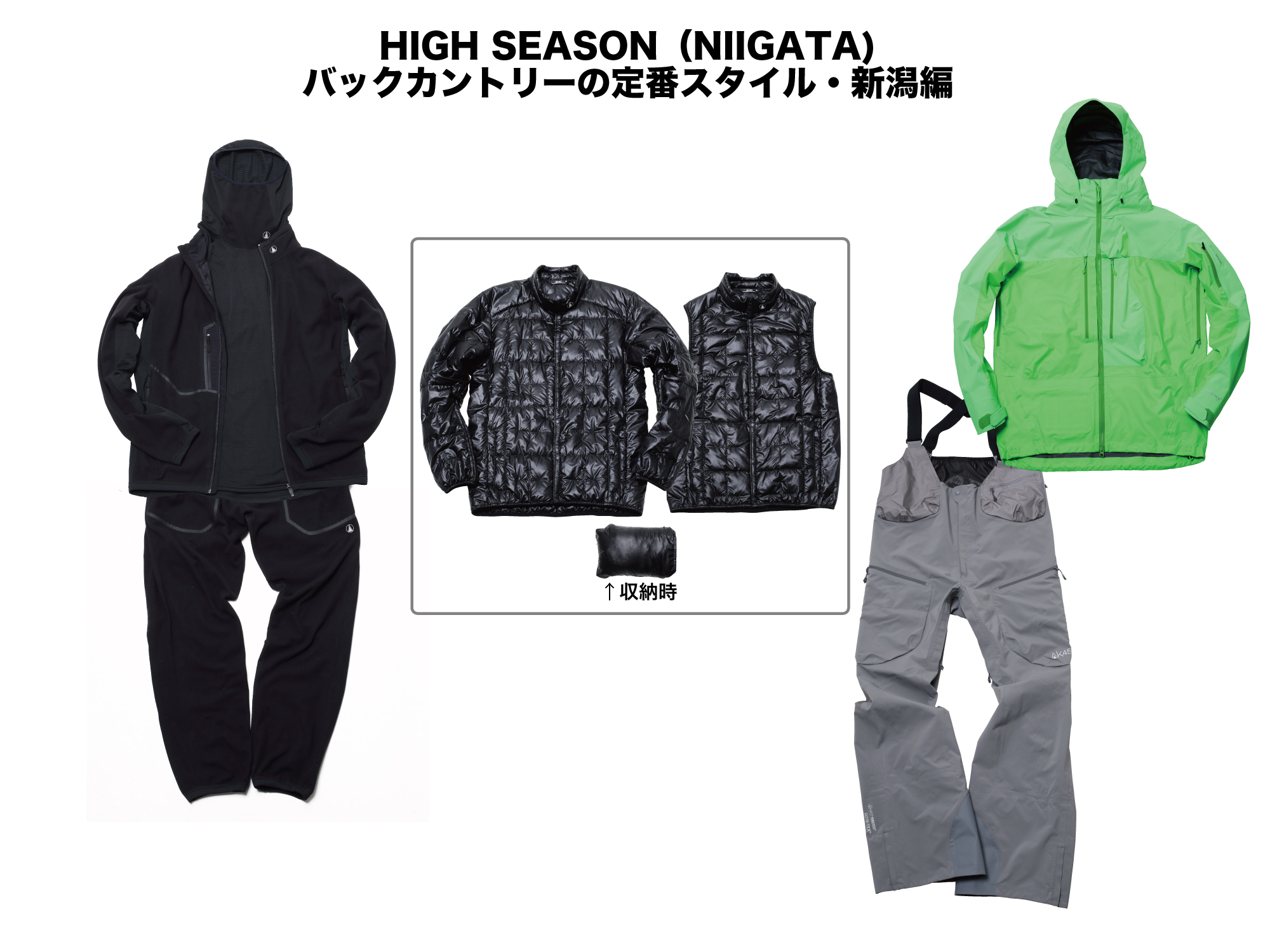 （上）(INNER)BASE LAYER HI NECK FLEECE:¥18,000+MICRO FLEECE JACKET:¥34,000 ++PACKABLE DOWN JACKET :¥46,000/VEST:¥38,000 (OUTER)GUIDE JACKET:¥89,000 （下）(INNER)MICRO FLEECE PANT:¥34,000 (OUTER)HI-TOP PANT:¥79,000